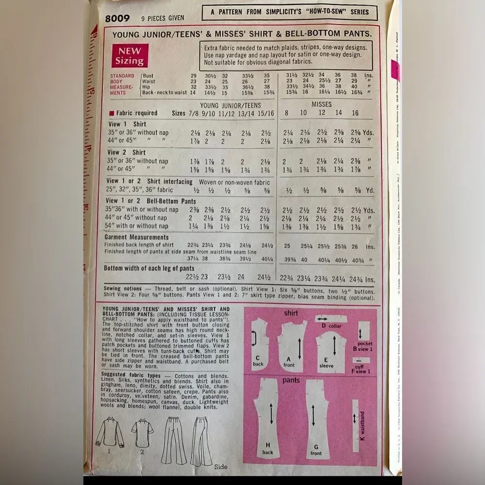 60’s Shirt/Bell Bottom Pants Simplicity 8009 Sewing Pattern - Size 11/12